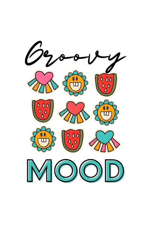 Groovy Mood Retro Graphic with Hearts, Sunflowers, and Watermelons