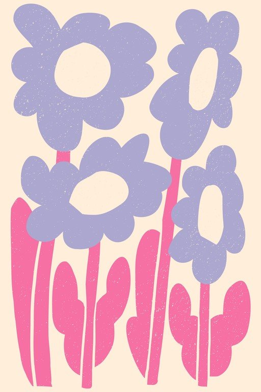 Retro Floral Illustration with Purple Flowers and Pink Stems