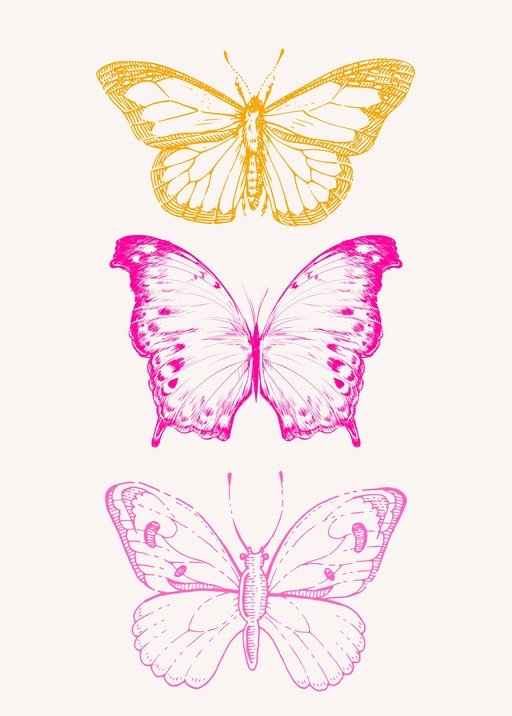 Three Butterflies in Yellow and Pink Line Art