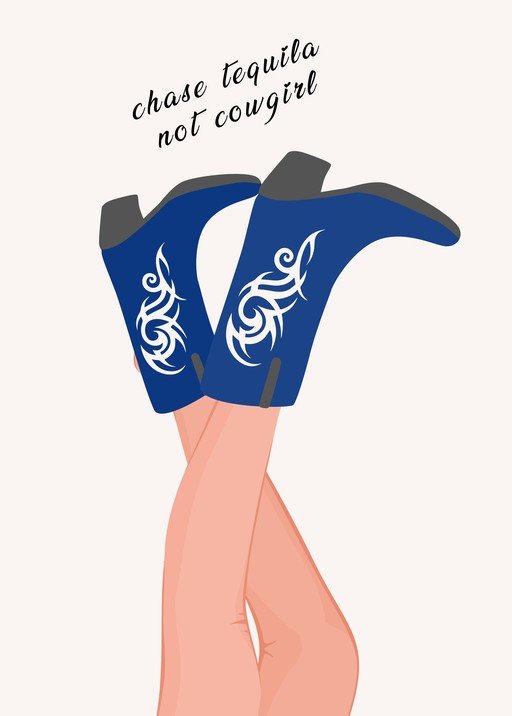 Blue Cowboy Boots with Tribal Design and Text