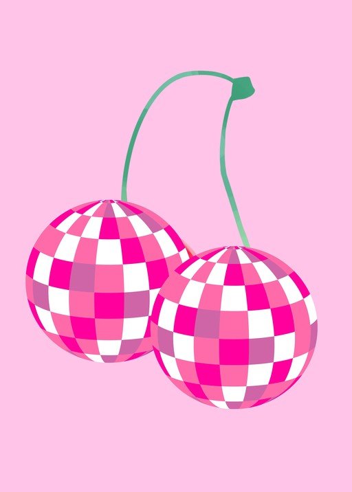 Pink Disco Cherries with Green Stems on Pink Background