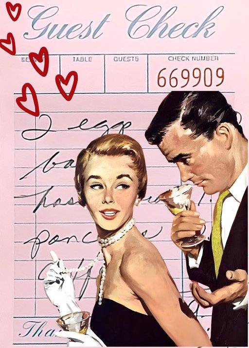 Retro Couple Enjoying Drinks on Guest Check Background