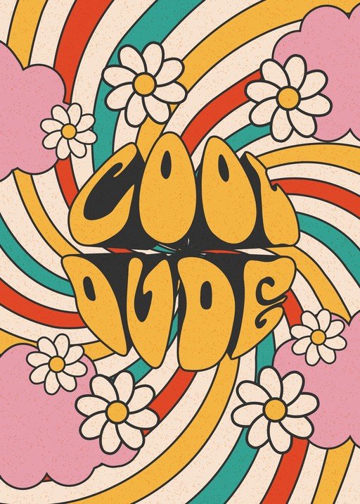 Retro "Cool Dude" Graphic with Swirls and Daisies