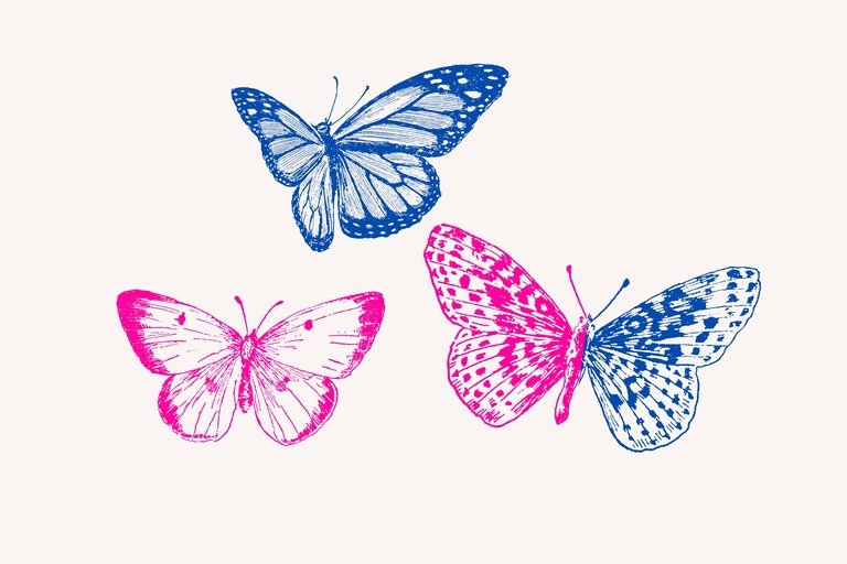Three Butterflies in Blue and Pink