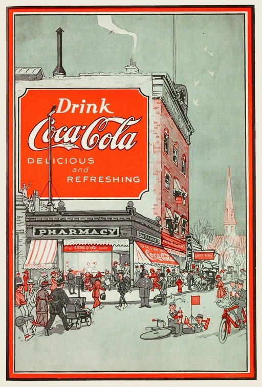 Vintage Coca-Cola Ad: Bustling Street Scene with Pharmacy and Cafe