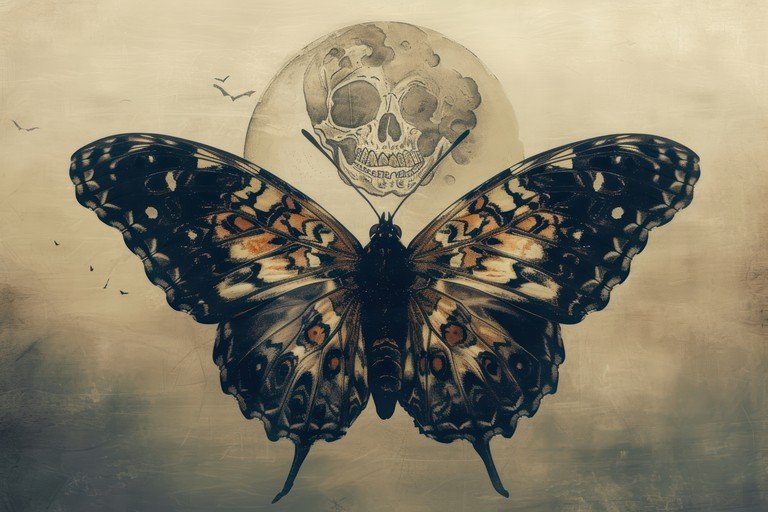 Butterfly and Skull Moon Surreal Art