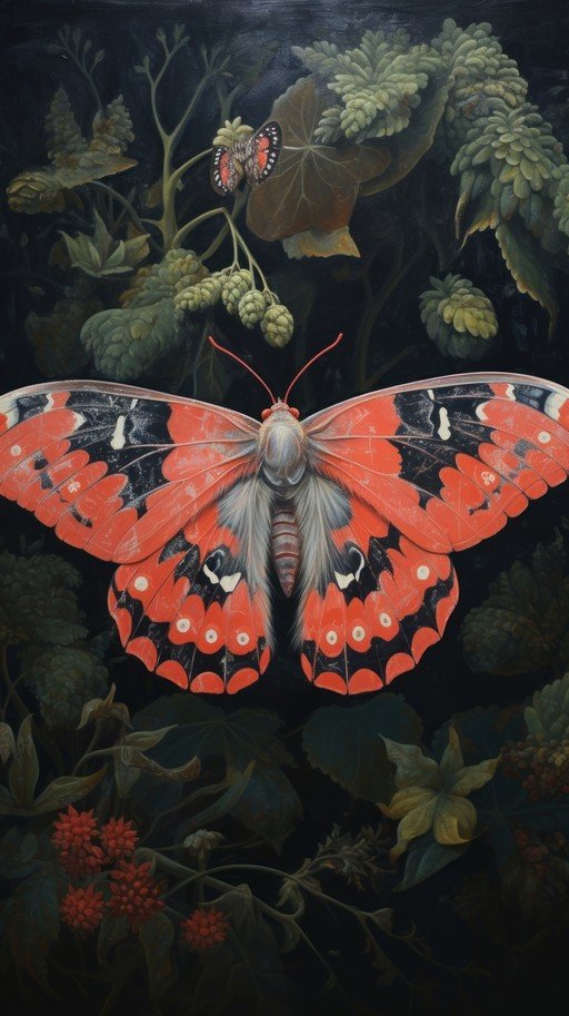 Vibrant Red Butterfly Amidst Dark Botanical Garden