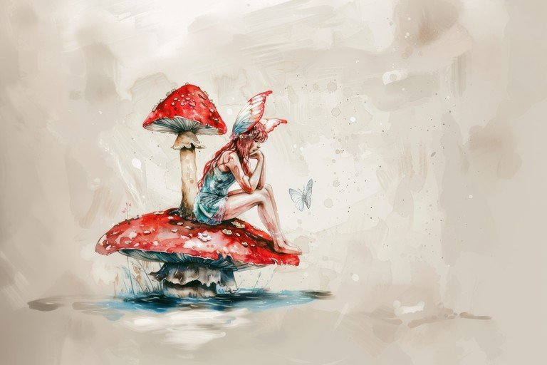 Fairy Sitting on Mushroom with Butterfly
