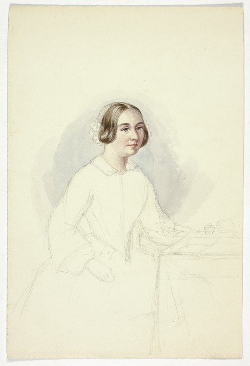 Victorian Woman in White Dress, Watercolor Portrait