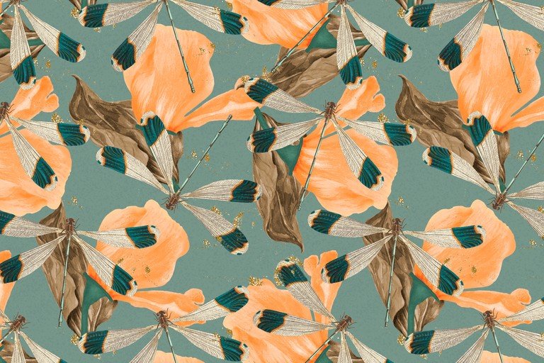 Dragonfly and Floral Pattern with Gold Accents