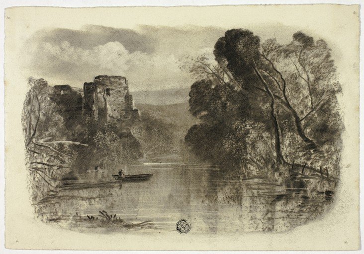 Ruined Castle Overlooking a River with a Lone Boatman
