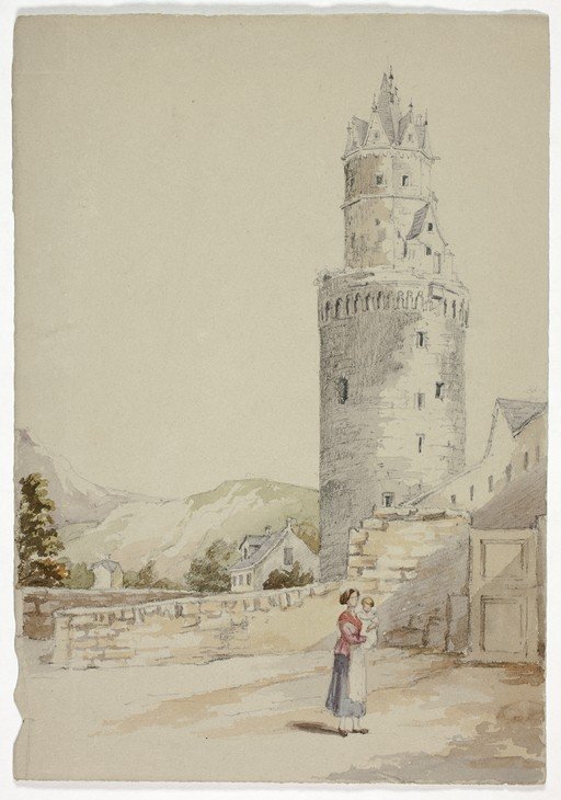 Woman and Child by a Medieval Tower