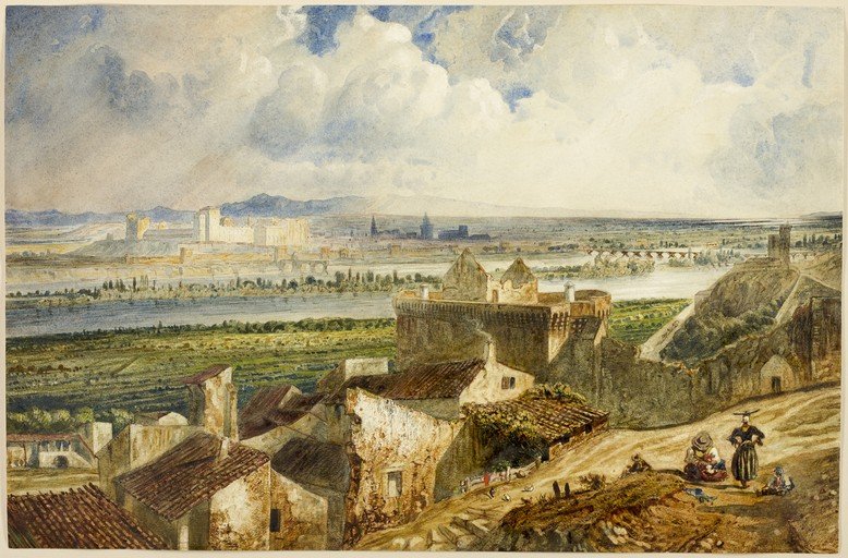 Watercolor of a European Cityscape with River and Fortifications