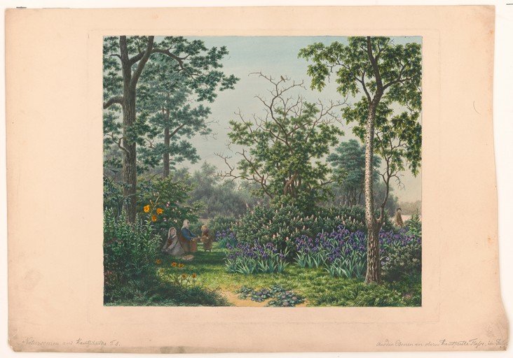 Women in a Lush Garden with Irises and Trees