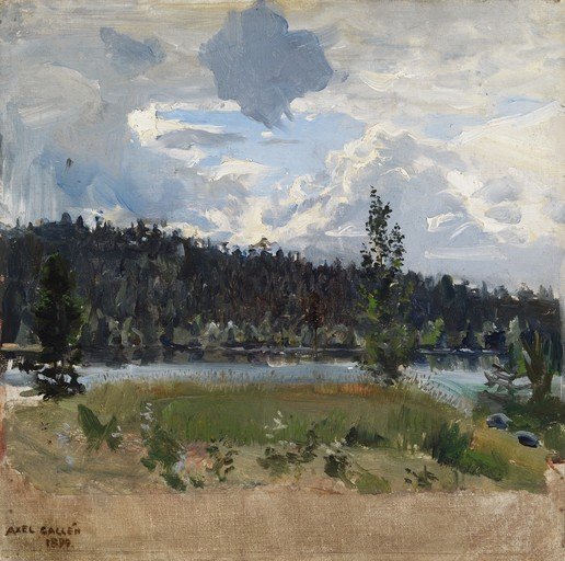 Impressionistic Lake Landscape with Forest and Clouds