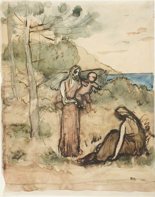 Watercolor of a mother and child by the sea