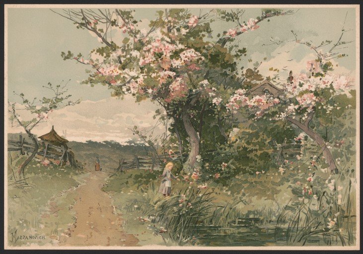 Spring Landscape with Children and Blossoming Trees