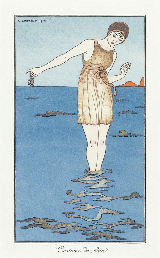 Art Deco Woman in Swimwear Holding a Crab by the Sea