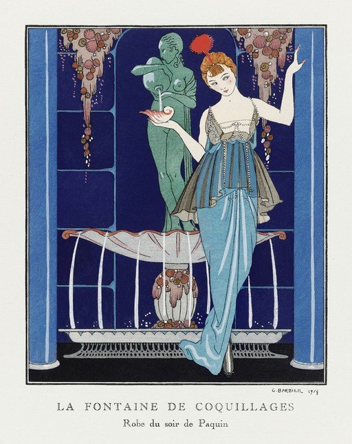 Art Deco Fashion Illustration: Woman in Paquin Gown by a Fountain