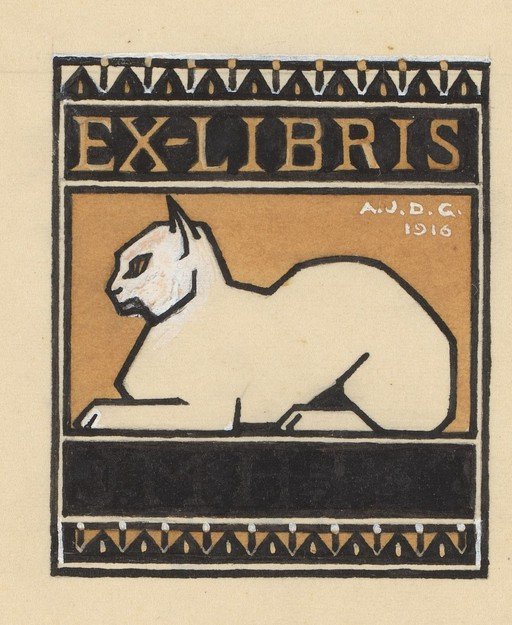 Art Deco Ex Libris with White Cat