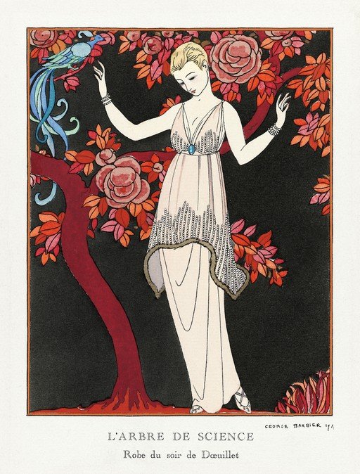 Art Deco Fashion Illustration: Woman in Evening Gown with Exotic Bird