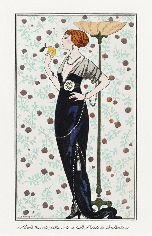 Art Deco Woman in Black Satin Gown with Pear