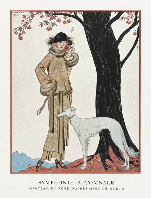 Art Deco Fashion Illustration: Woman and Borzoi Dog in Autumn