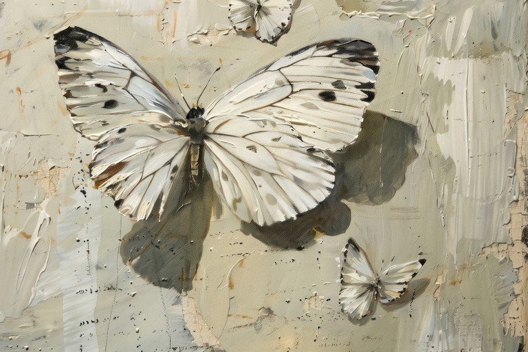 Textured Oil Painting of White Butterflies