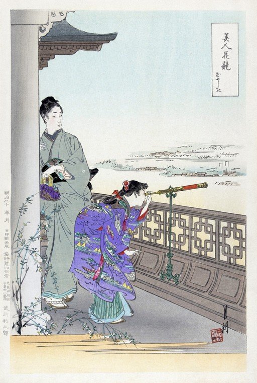 Two Women Observing a Distant Landscape with a Telescope