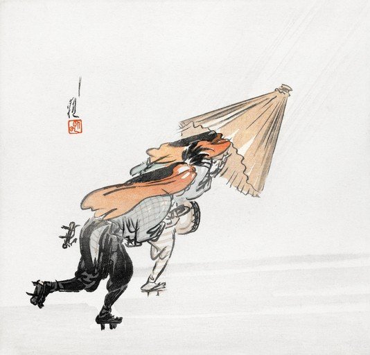 Japanese Woodblock Print of Figures in the Rain