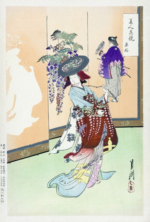 Japanese Woodblock Print: Women with Wisteria and Falcon
