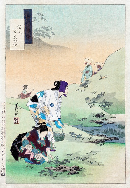 Ukiyo-e print of people gathering plants by a stream