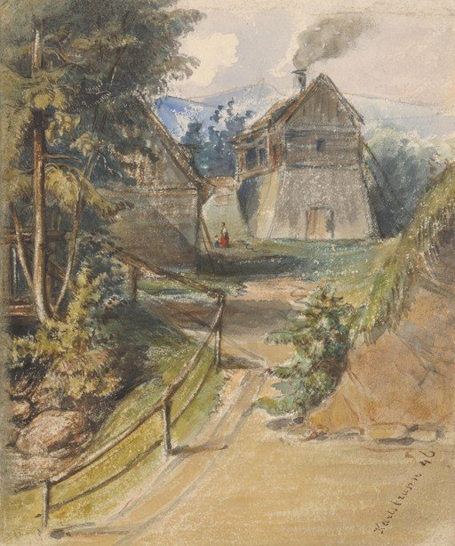Watercolor of a Rustic Farmhouse with Figures