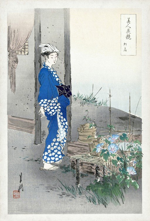 Japanese Woman in Blue Kimono with Morning Glories
