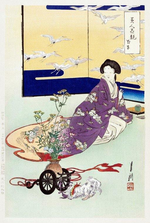 Woman in Purple Kimono with Cranes and Flowers