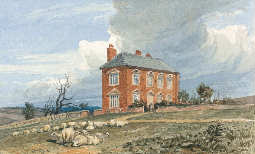 Watercolor of a Georgian House with Sheep in a Field