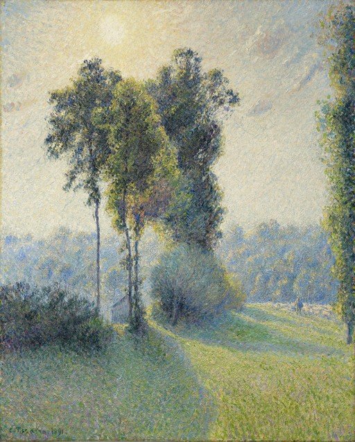 Morning Landscape with Trees and a Small Building