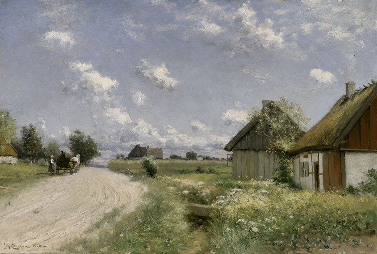 Rural Landscape with Horse-Drawn Cart and Thatched Cottages
