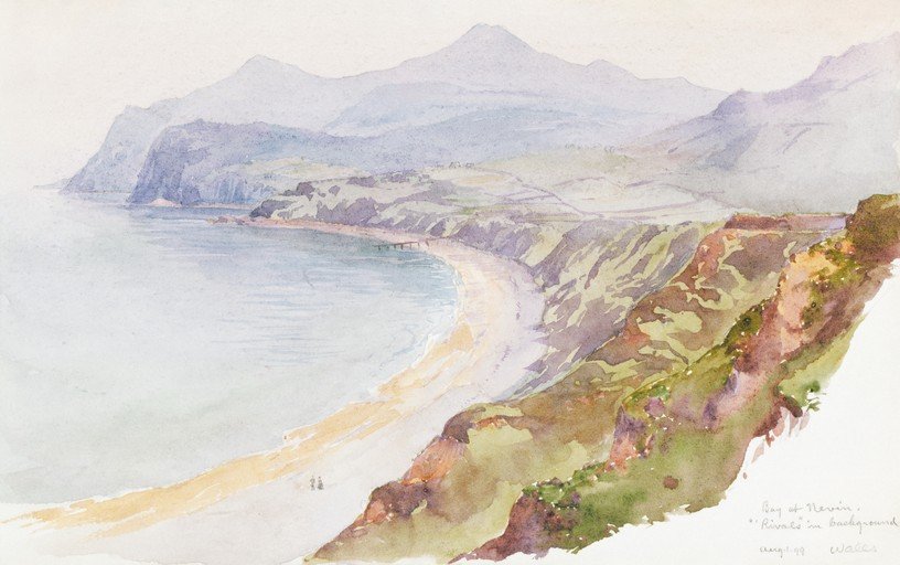 Watercolor of a Coastal Bay with Distant Mountains