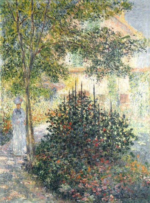 Woman in a Garden with a Tree and Flowers