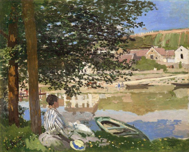 Woman by the River with Boats and Village