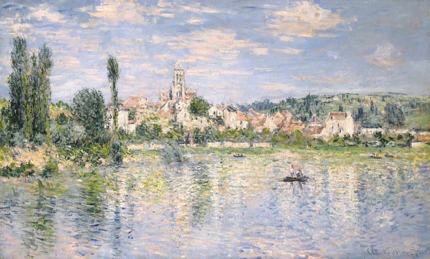 Impressionist River Scene with Town and Boats