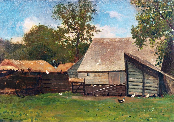 Farmyard Scene with Barn and Chickens