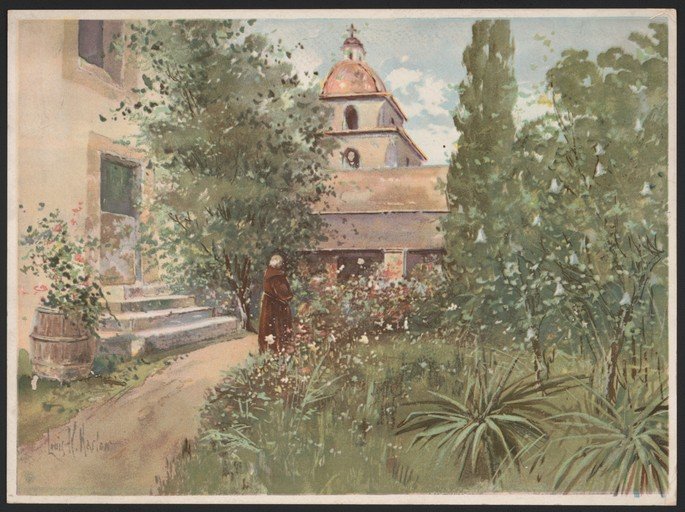 Monk Tending Garden with Mission Bell Tower