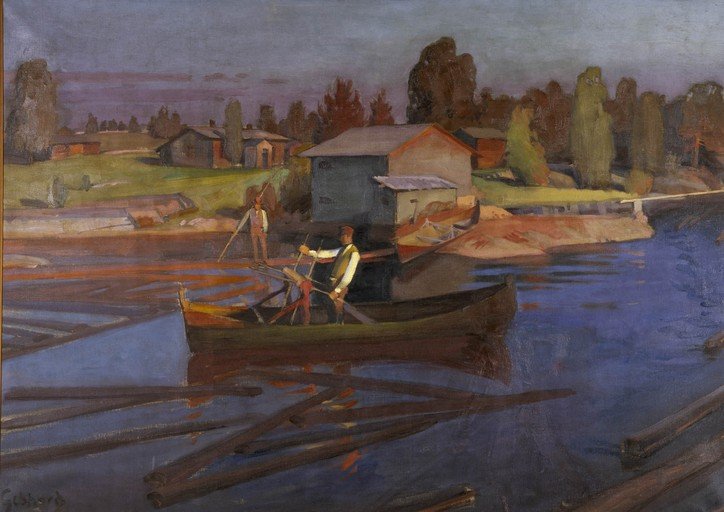 Men Working on a River with Logs and Boats