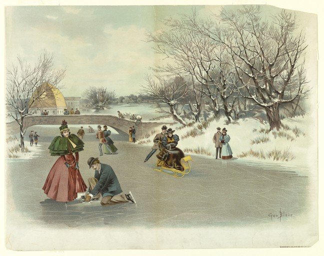 Victorian Ice Skating Scene with Sledding and Bridge