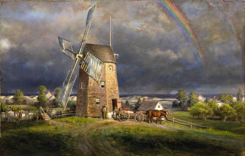Windmill Scene with Rainbow and Horse-Drawn Cart