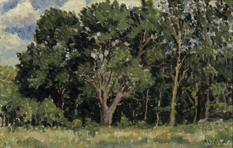 Impressionist Landscape Painting of Trees and Meadow