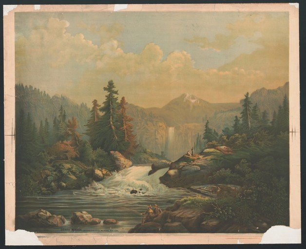 Sierra Nevada Landscape with Waterfall and Fishermen
