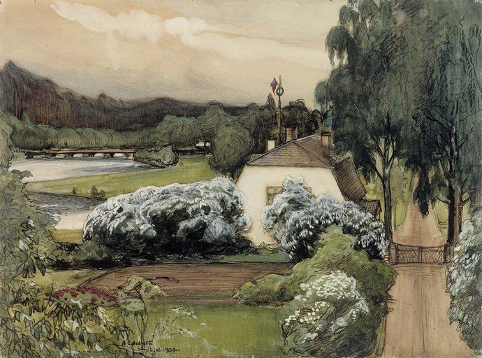 Watercolor Landscape with House and River
